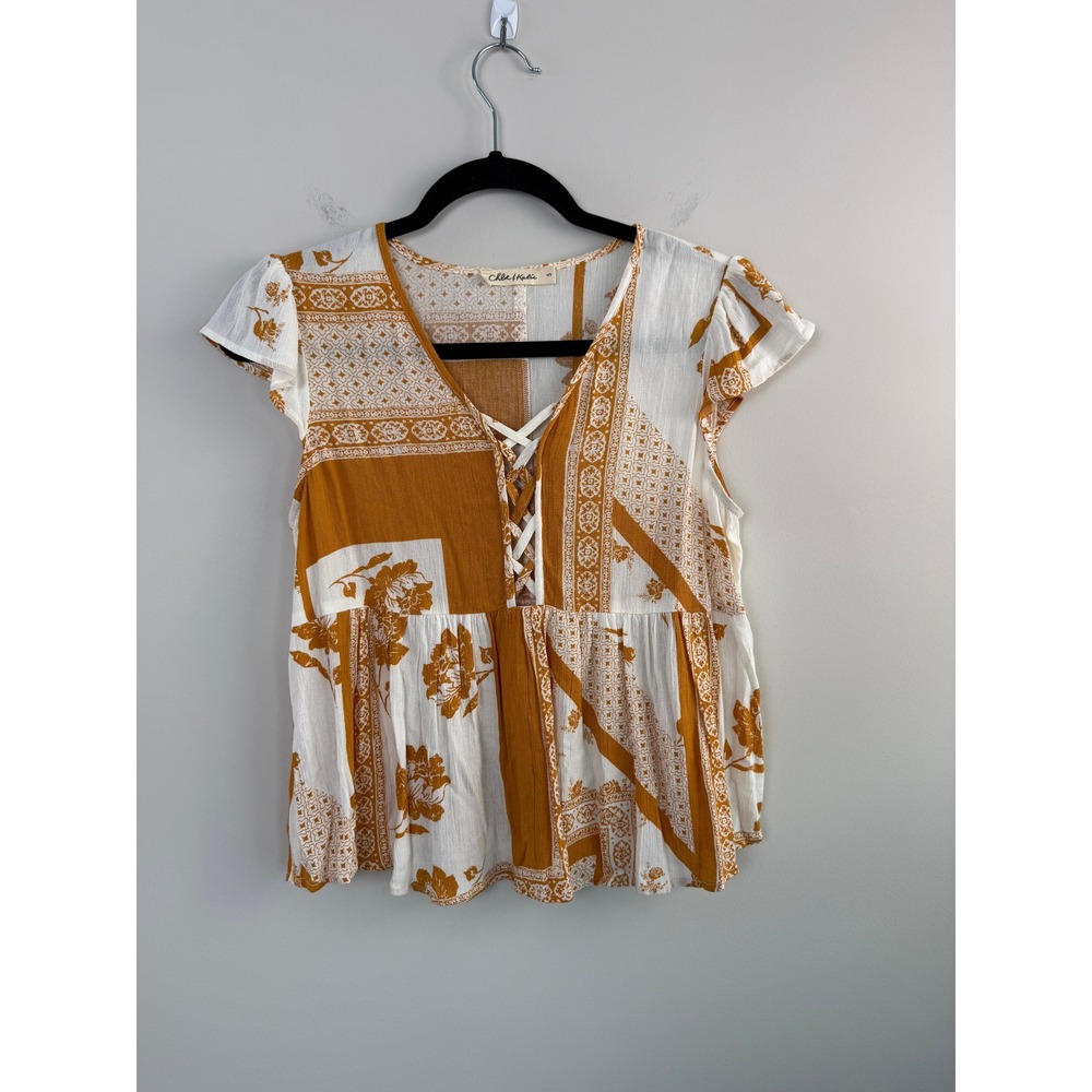 Womens Small Boho Peasant Top Lace Up Front Flutter Sleeve Mustard Ivory